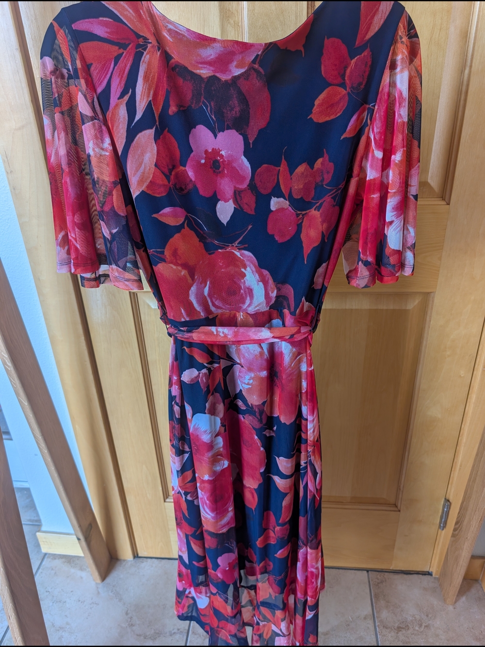 connected apparel Navy and Red Floral Midi Wrap Dress with Flutter Sleeves - Picture 8 of 9